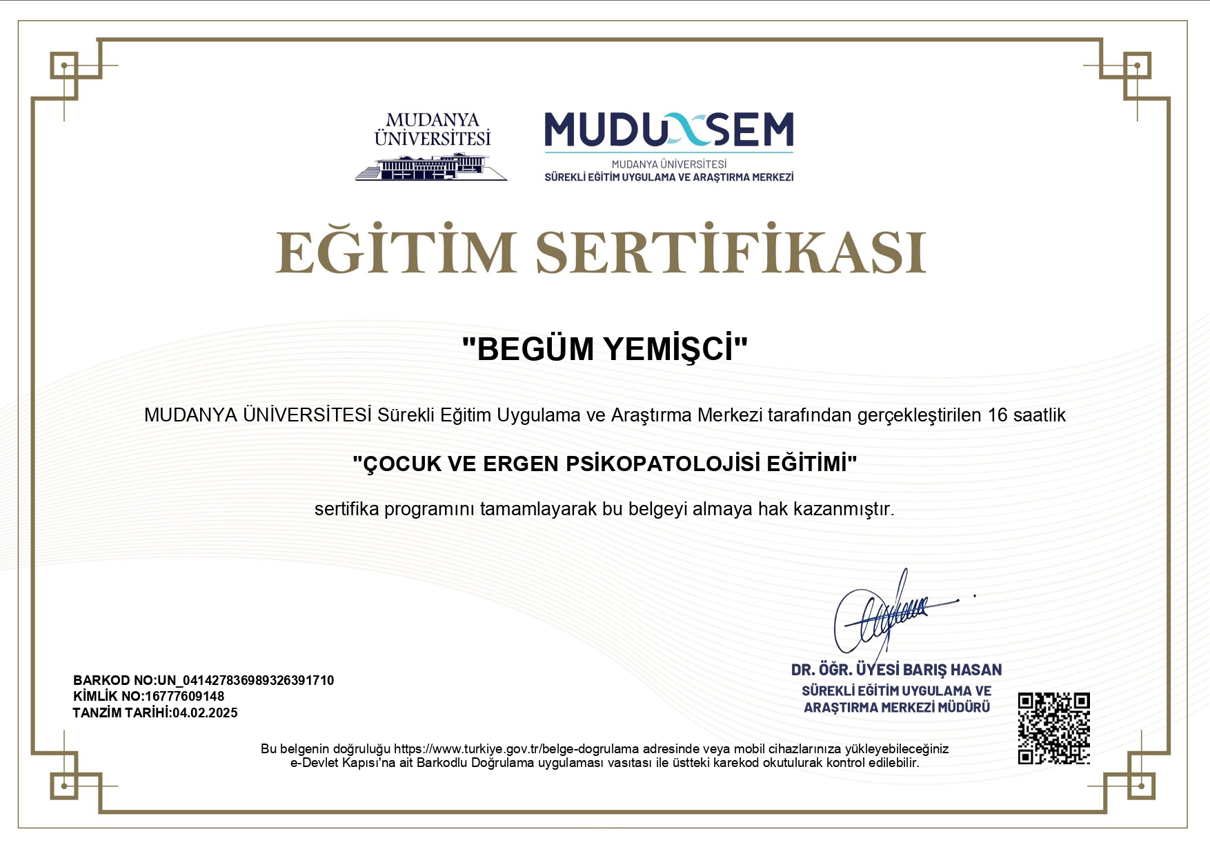 Begum Yemisti Sertifikalar 1