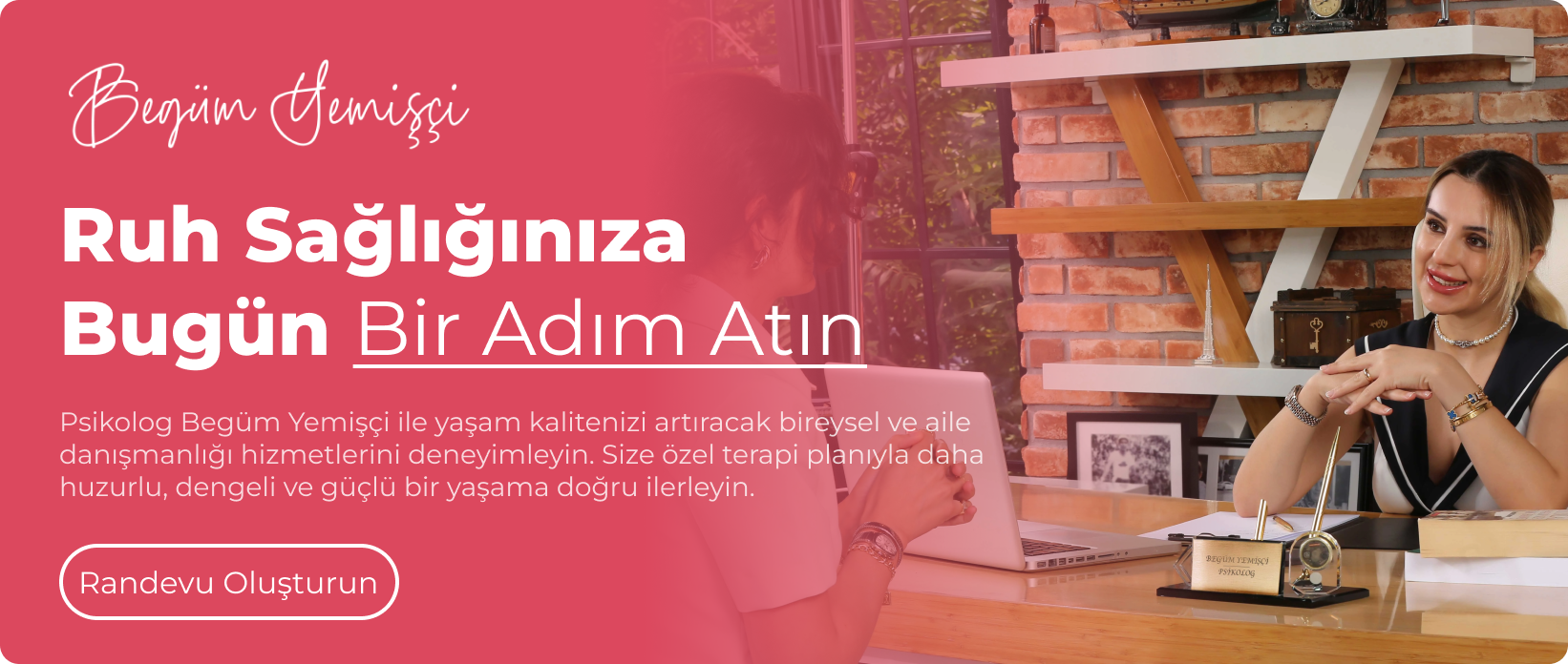 Begüm Yemişçi psikolog ofisinde danışanıyla bireysel terapi görüşmesi yaparken, ruh sağlığı ve psikolojik danışmanlık hizmetlerini tanıtan web sitesi ana sayfa banner görseli