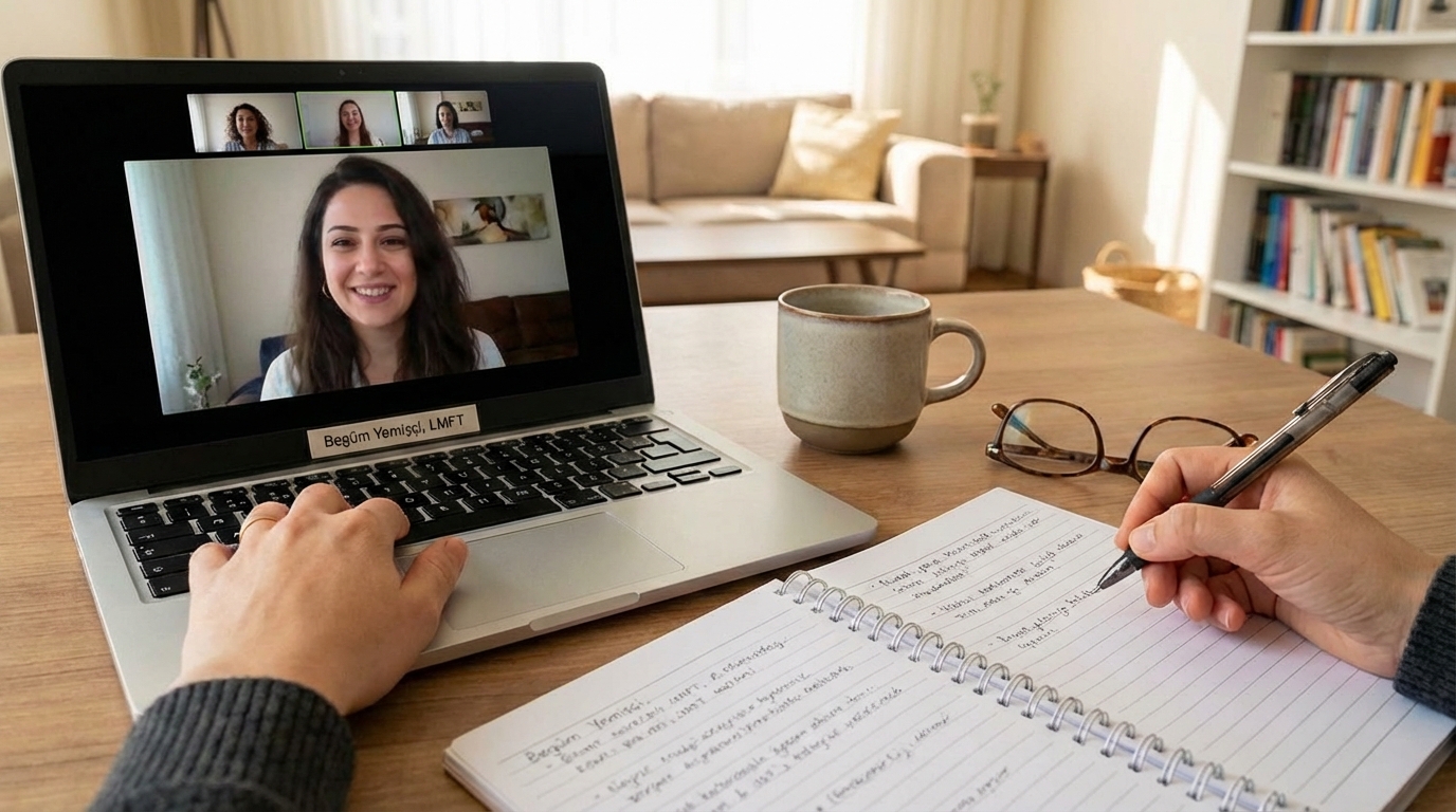 Online terapi seansı, dijital psikolojik danışmanlık ve uzman görüşmesi.