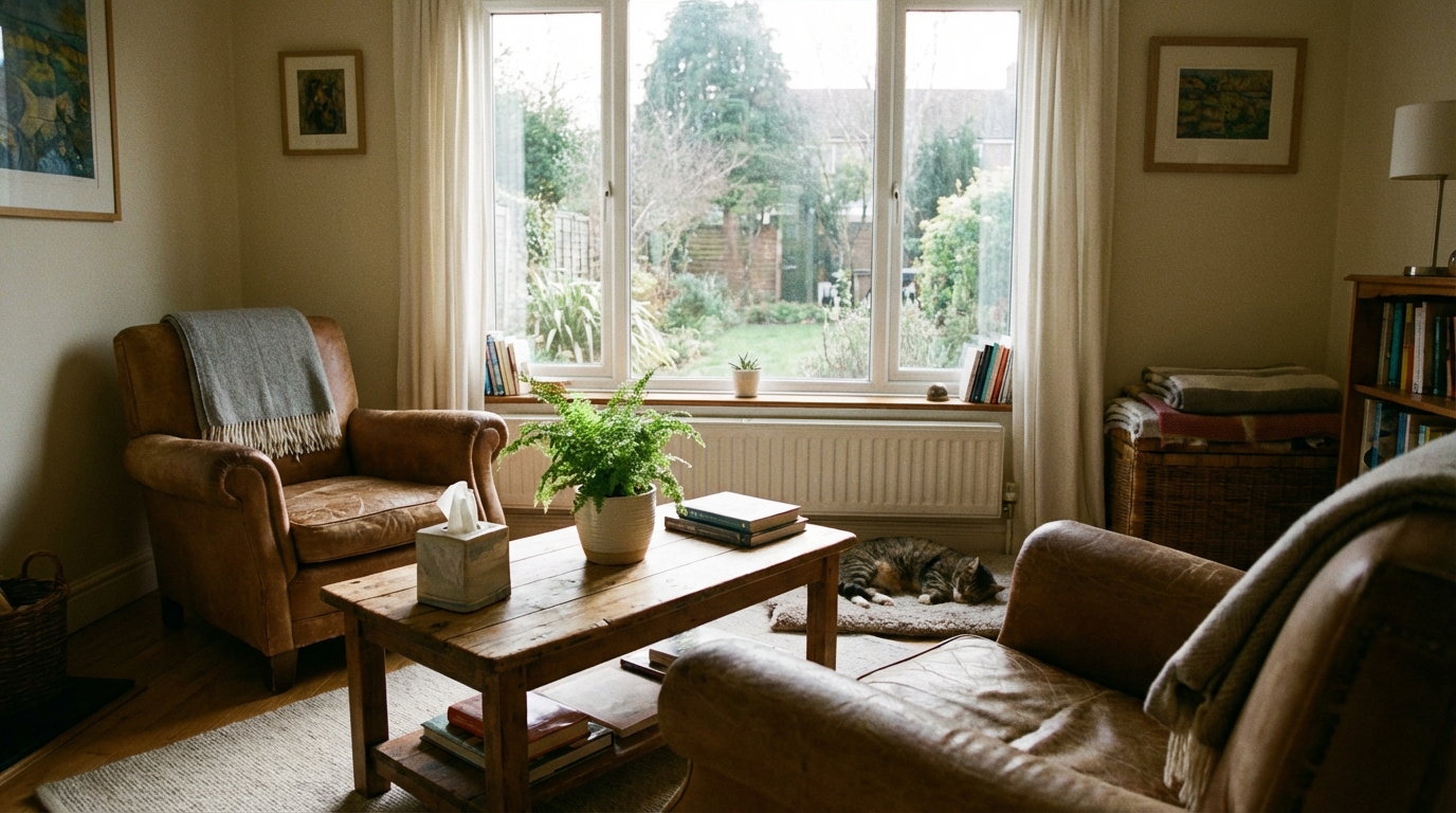 Psikolojik danışmanlık ofisi, güvenli terapi ortamı.