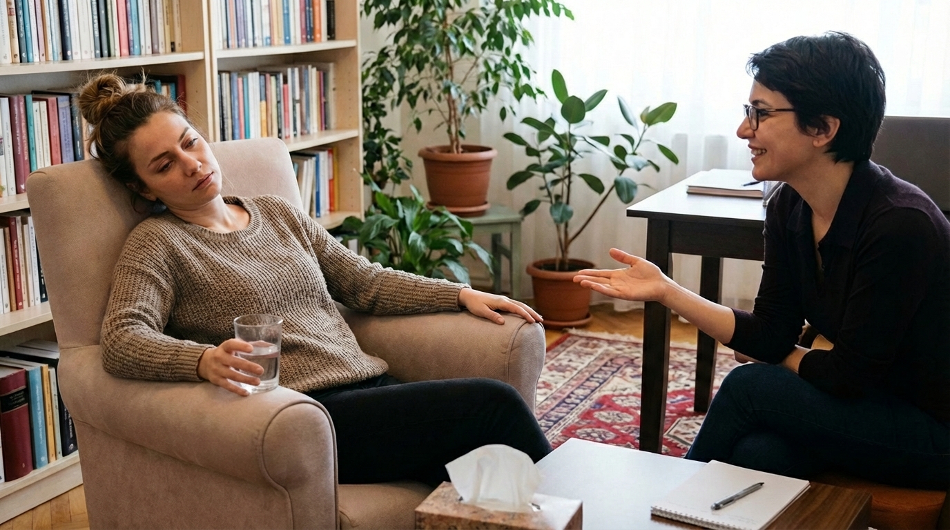 Psikolog eşliğinde stres terapisi ve duygusal rahatlama süreci.