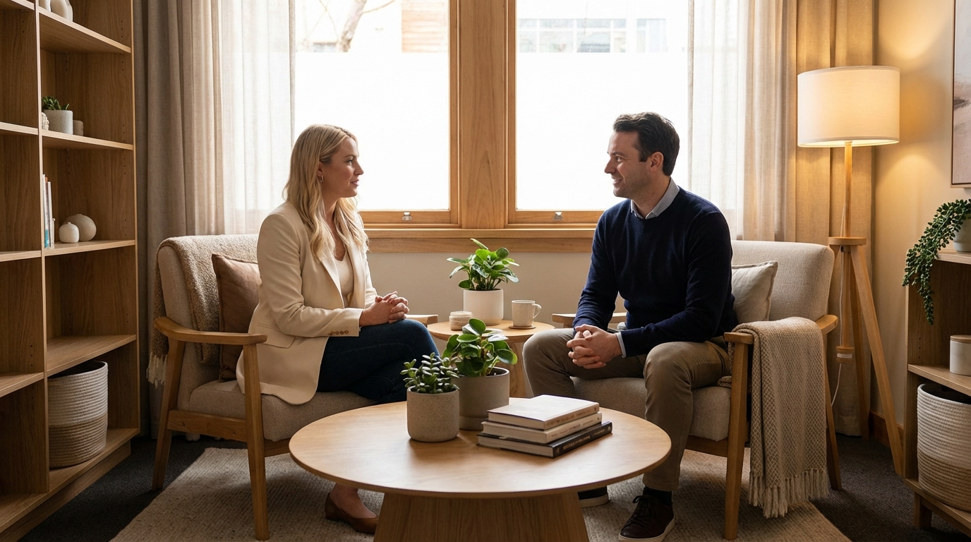 Bireysel danışmanlık seansında profesyonel ve güven veren kadın terapist.